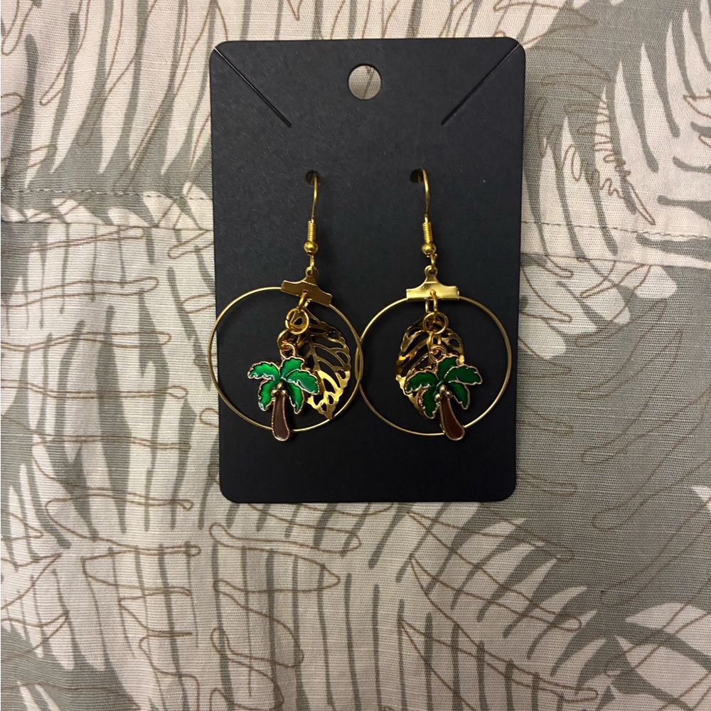 Hawaiian Gold and Green Palm Tree Hoop Earrings